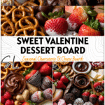 A Romantic Charcuterie Board For Two with fruit, chocolates, and Yogurt Covered Pretzels arranged for Valentine’s Day.